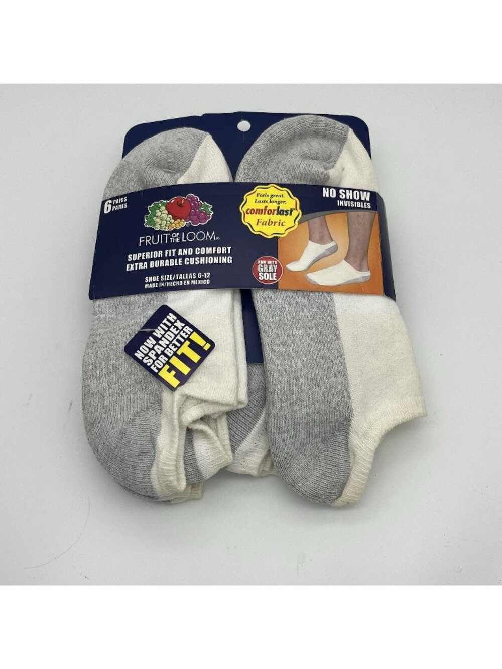 Fruit of the Loom Mens Socks 6-12 ComforLast Gray Sole No Show Invisibles NEW